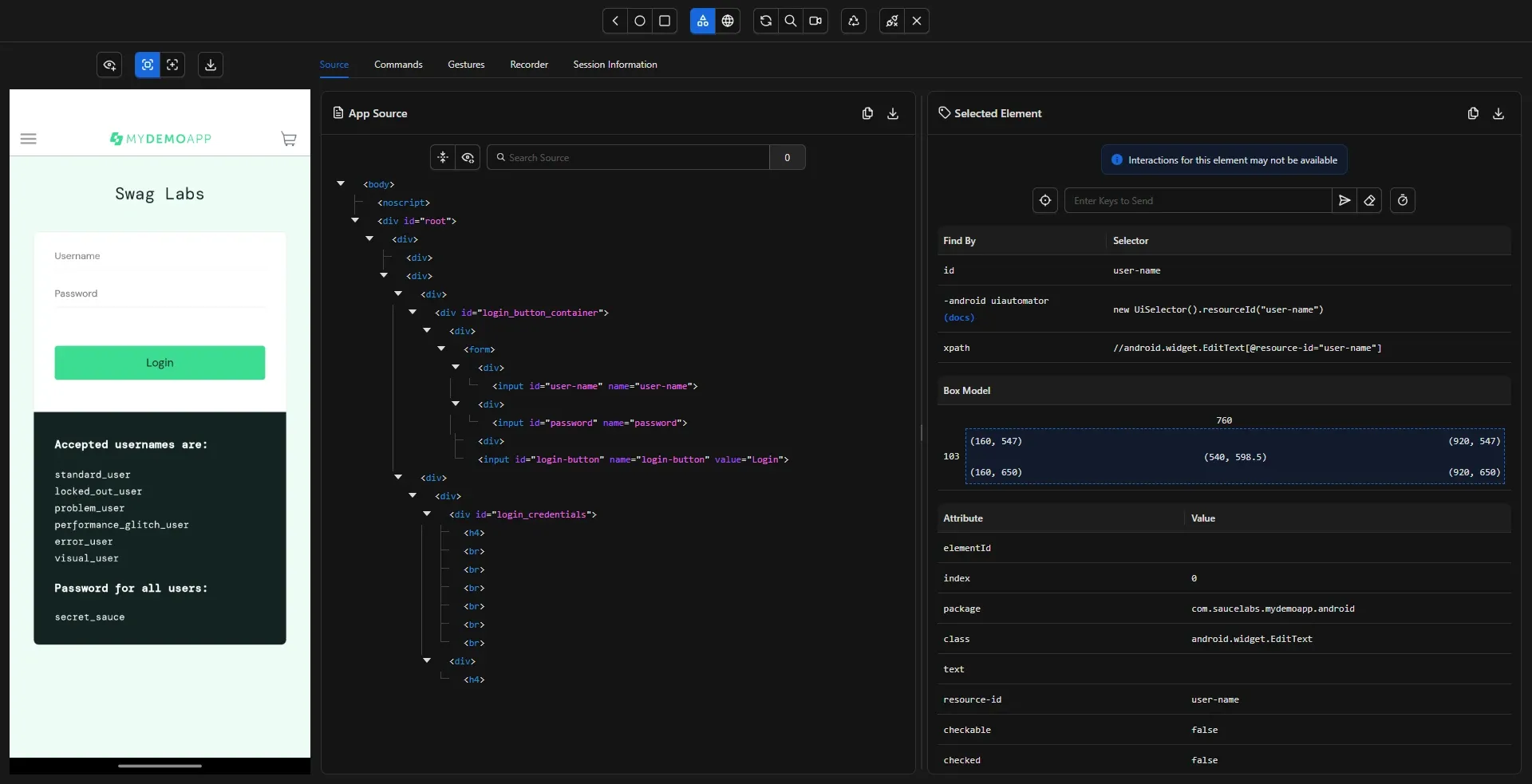 Árbol de Inspector en contexto WEBVIEW mostrando DOM HTML con body, div, form, input id user-name y input id login-button