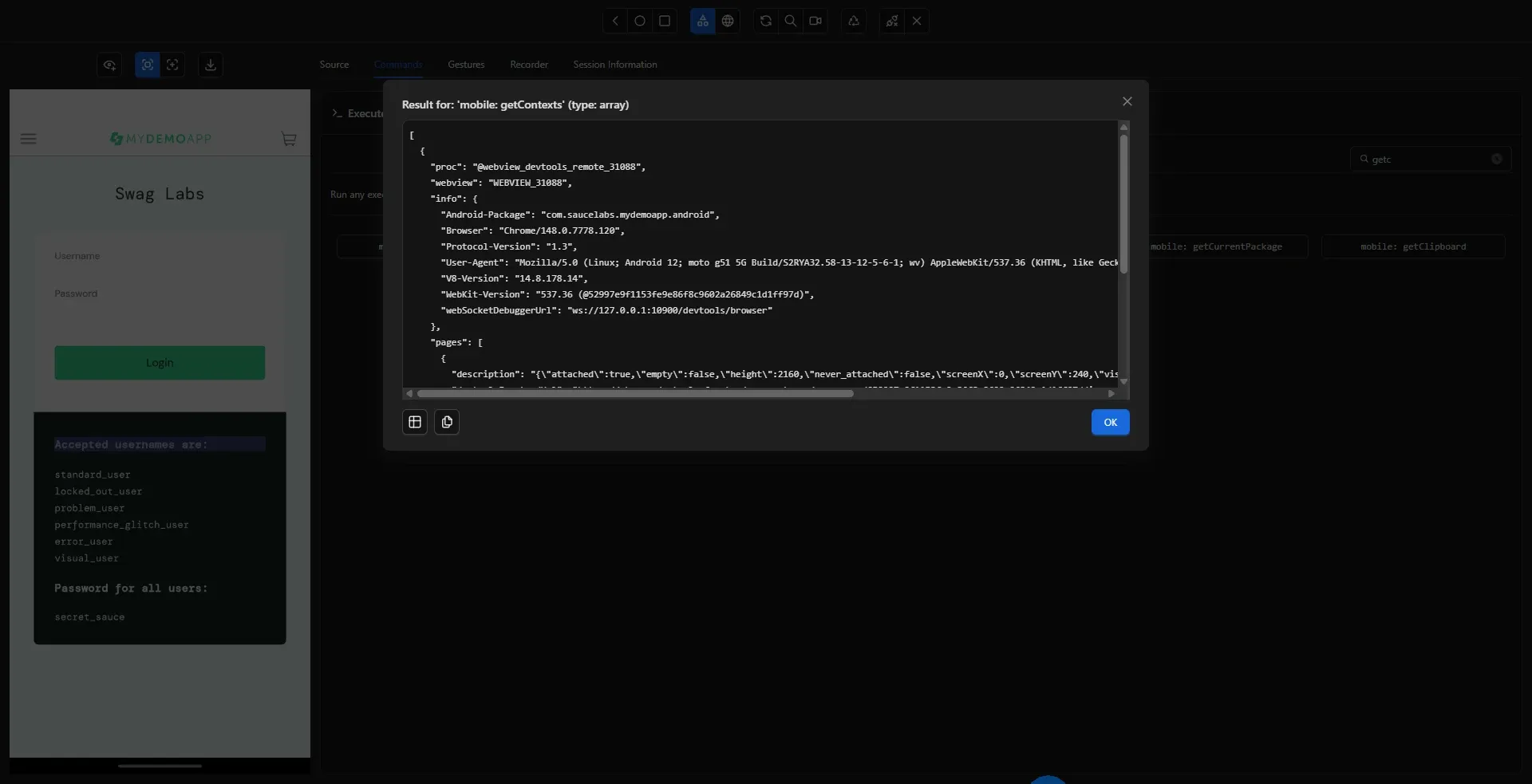Resultado de getContexts en Inspector mostrando WEBVIEW_com.saucelabs.mydemoapp.android con Chrome 148.0.7778.120