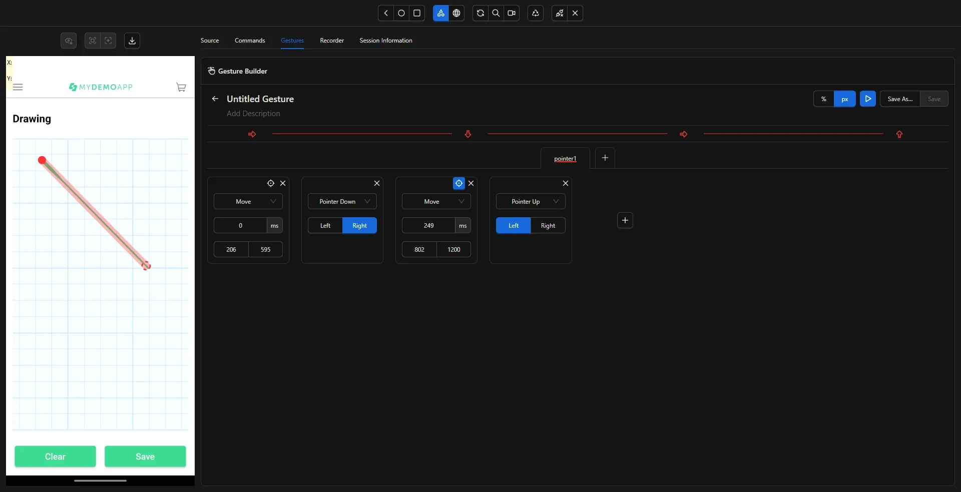 Gesture Builder de Appium Inspector con secuencia Move, Pointer Down, Move y Pointer Up sobre el canvas