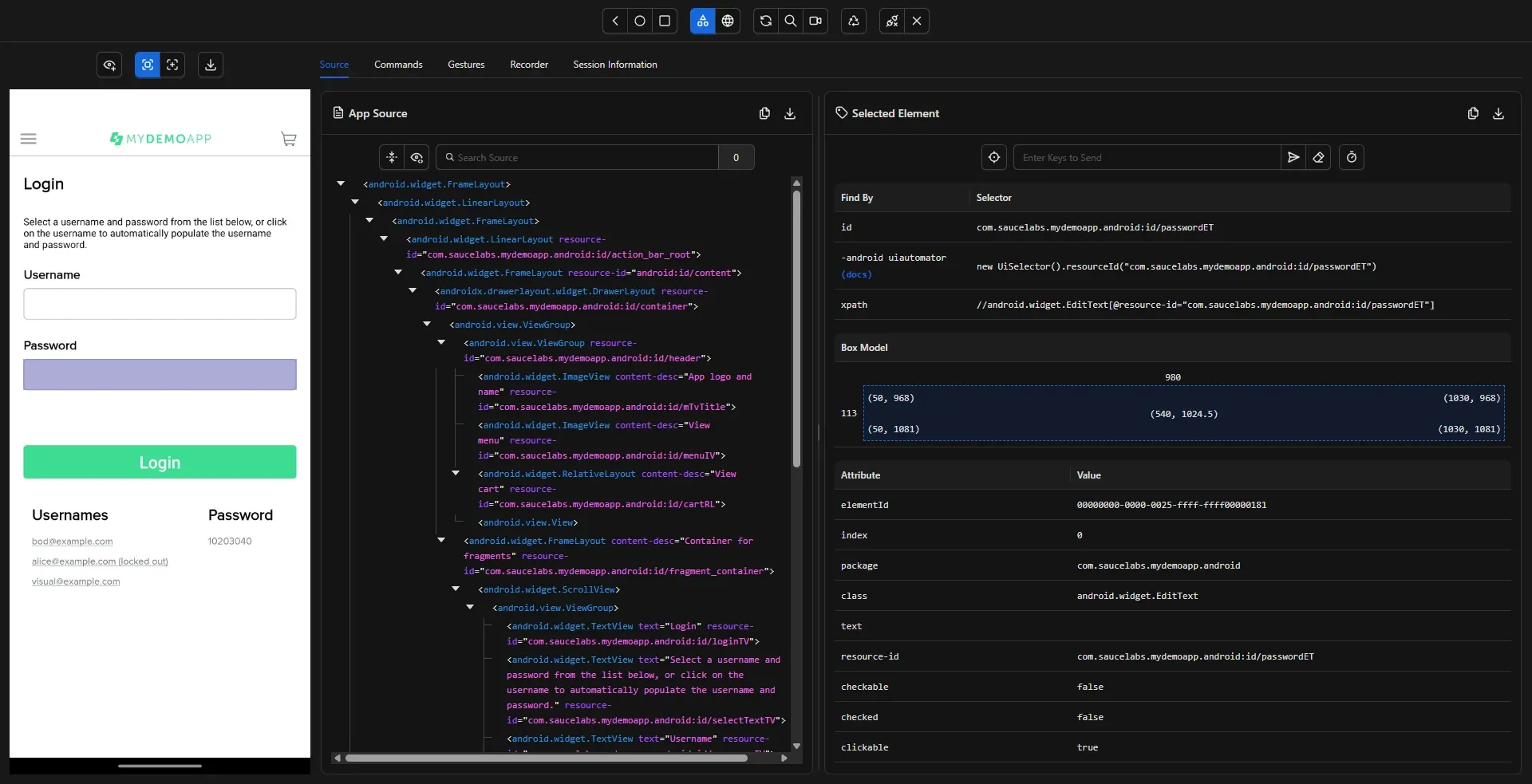 Appium Inspector en pantalla de Login con campo Password seleccionado mostrando resource-id passwordET y class EditText