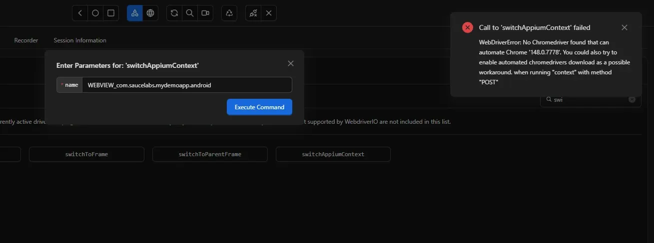 Error en Appium Inspector al intentar switch a WEBVIEW indicando que no encuentra ChromeDriver para Chrome 148