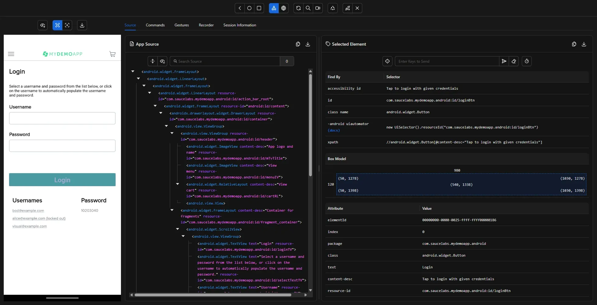 Appium Inspector en pantalla de Login con botón Login seleccionado mostrando accessibility id resource-id loginBtn y text Login