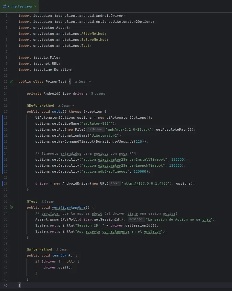 PrimerTest.java en IntelliJ con setUp BeforeMethod UiAutomator2Options timeouts extendidos y verificarAppAbre Test