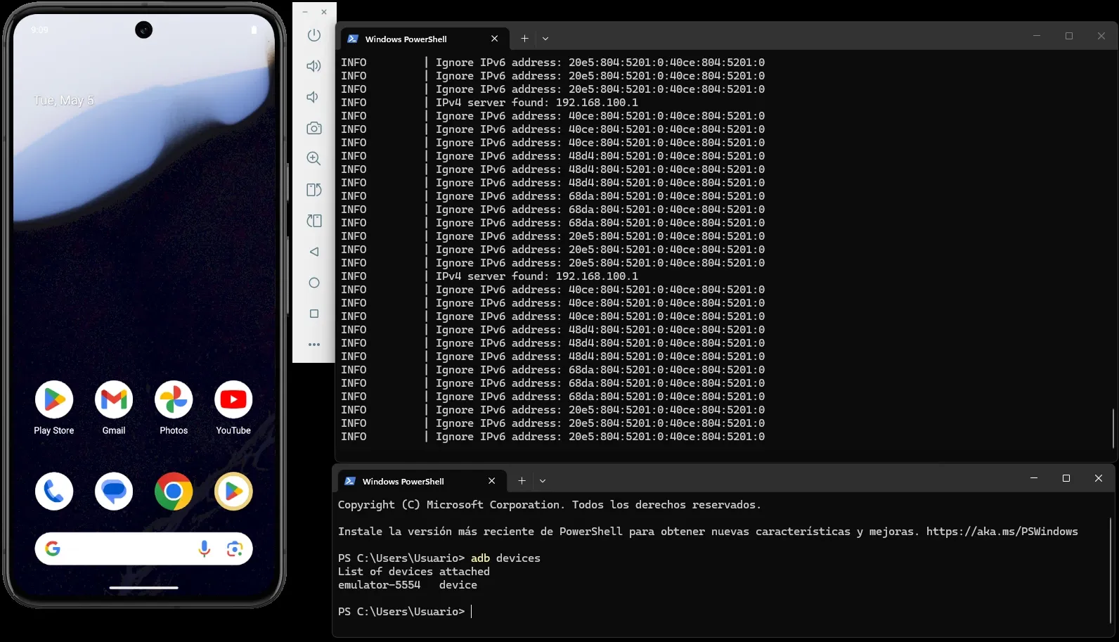 Emulador Pixel 8 con home screen y terminal mostrando adb devices emulator-5554 device conectado