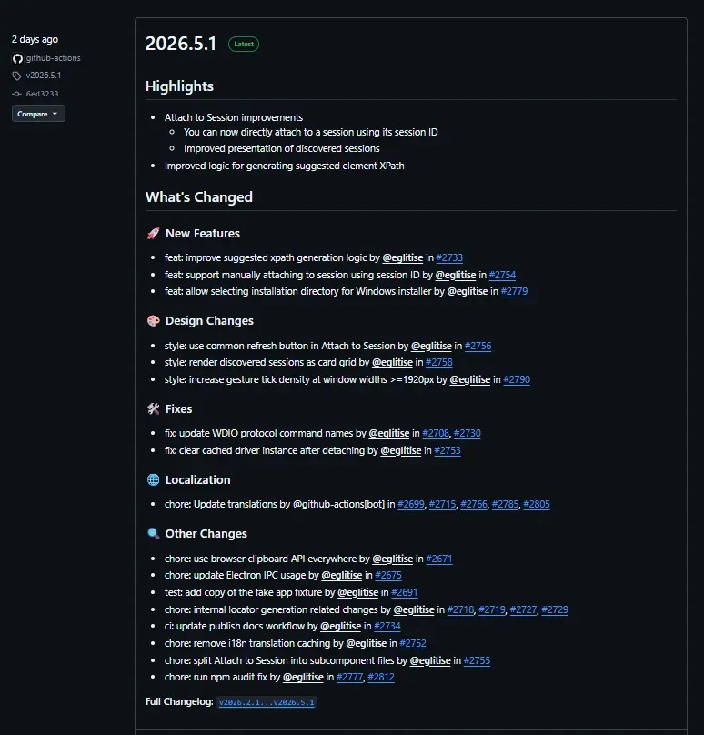 GitHub releases de Appium Inspector mostrando versión 2026.5.1 con highlights y changelog de nuevas features