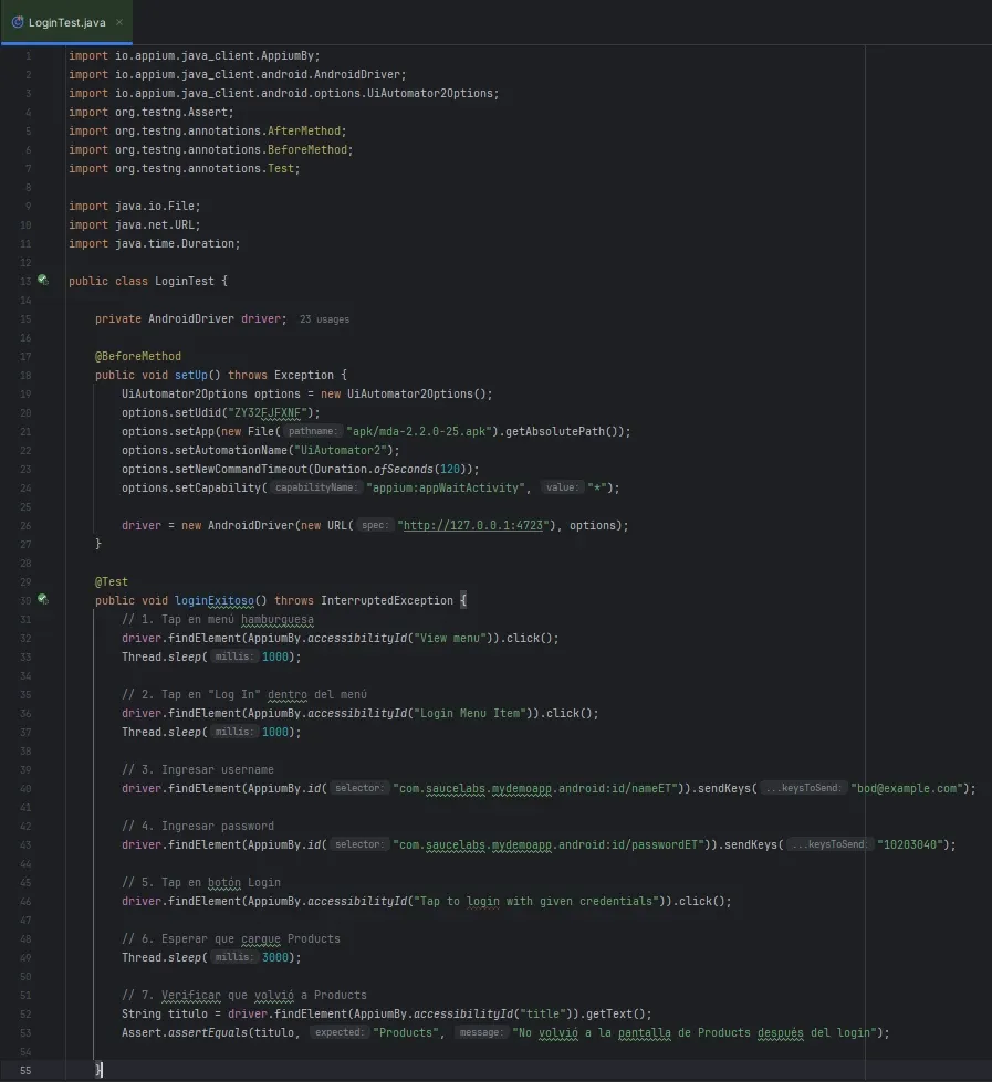 Código de LoginTest.java en IntelliJ mostrando imports, setUp con capabilities y test loginExitoso completo