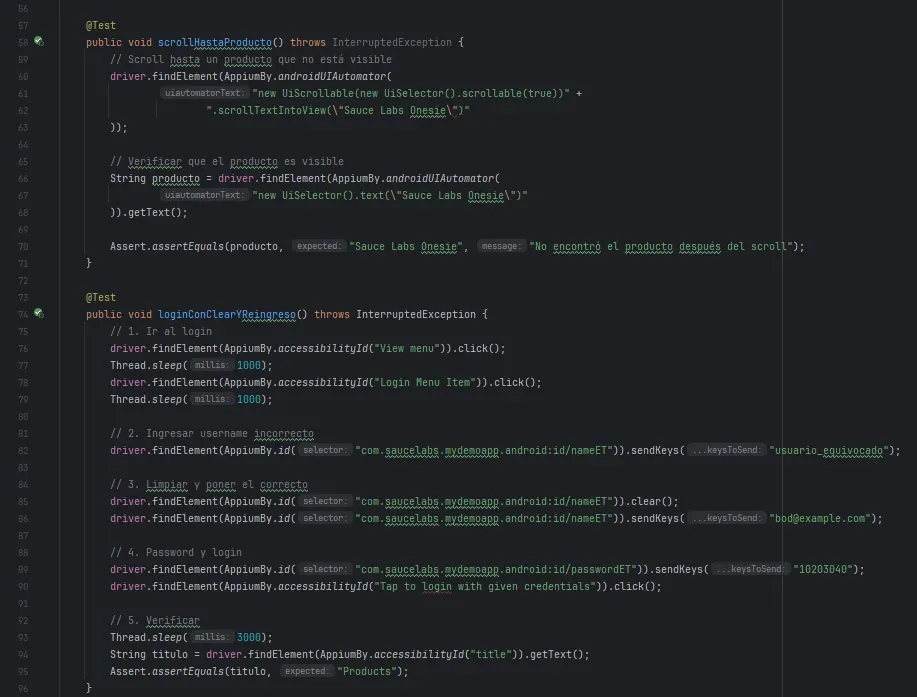 Código de scrollHastaProducto con UiScrollable y loginConClearYReingreso con clear y sendKeys en LoginTest.java