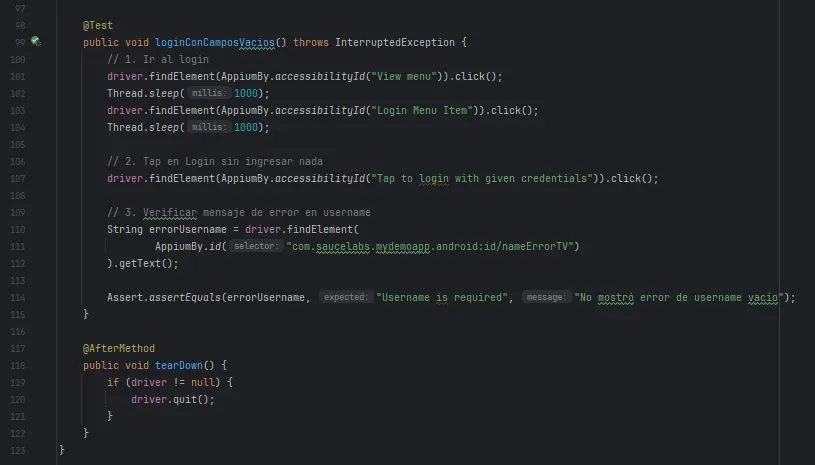 Código de loginConCamposVacios verificando mensaje de error Username is required y tearDown con driver.quit