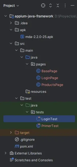 Estructura de proyecto Appium en IntelliJ con carpeta pages conteniendo BasePage LoginPage ProductsPage y carpeta tests con LoginTest y PrimerTest