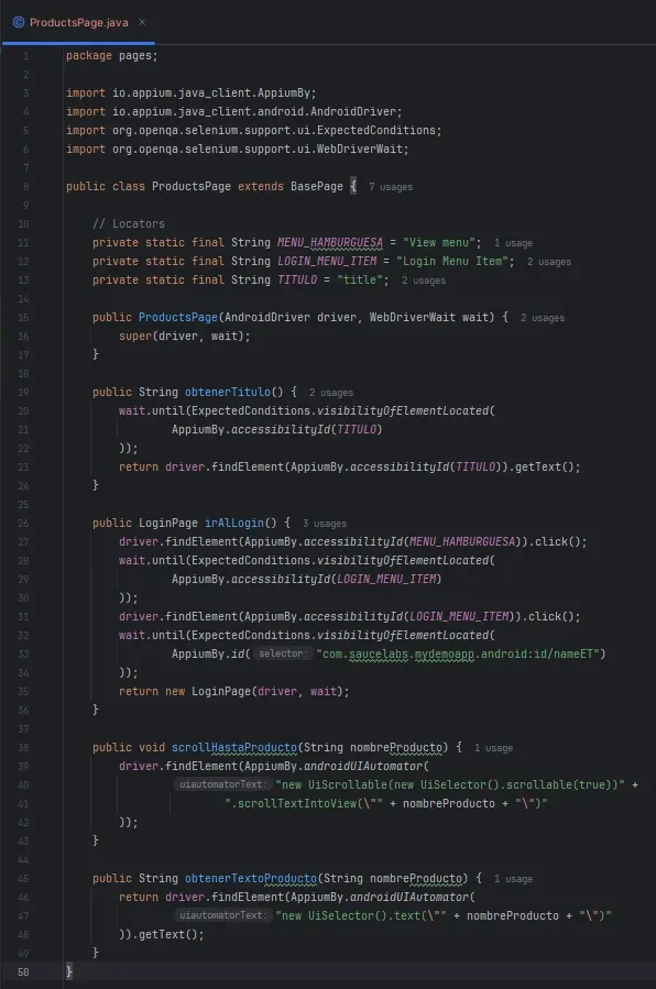 Codigo de ProductsPage en IntelliJ mostrando locators como constantes y metodos obtenerTitulo irAlLogin scrollHastaProducto y obtenerTextoProducto