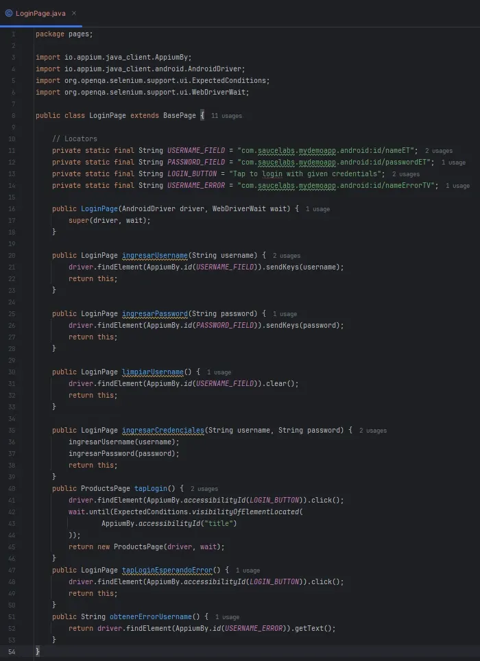 Codigo de LoginPage en IntelliJ con locators de campos de login y metodos ingresarUsername ingresarPassword tapLogin y tapLoginEsperandoError