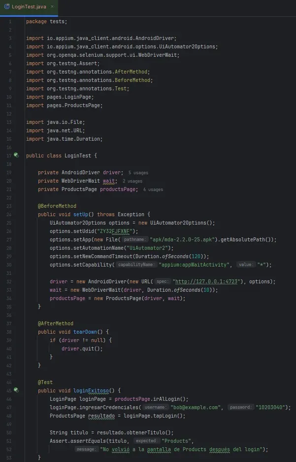 LoginTest en IntelliJ mostrando imports de pages setUp con UiAutomator2Options tearDown y test loginExitoso usando productsPage e irAlLogin