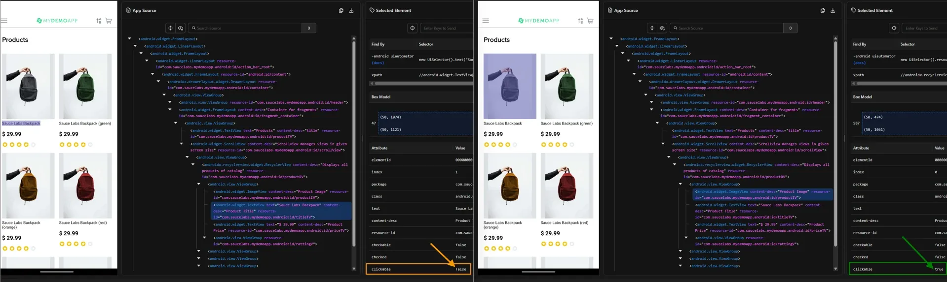 Comparación en Appium Inspector mostrando texto Sauce Labs Backpack con clickable false a la izquierda e imagen Product Image con clickable true a la derecha