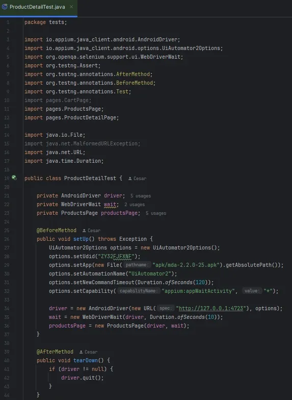 Código de ProductDetailTest en IntelliJ mostrando imports de pages setUp con capabilities de Appium y tearDown