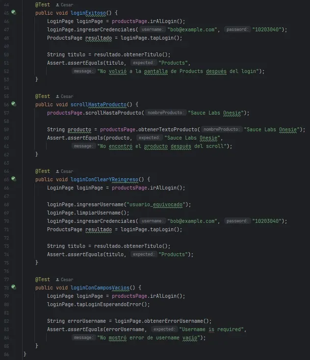 Cuatro tests en LoginTest mostrando loginExitoso scrollHastaProducto loginConClearYReingreso y loginConCamposVacios con assertions
