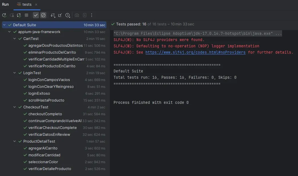 Consola de IntelliJ mostrando 16 tests pasados en 10 minutos 33 segundos con CartTest CheckoutTest LoginTest y ProductDetailTest