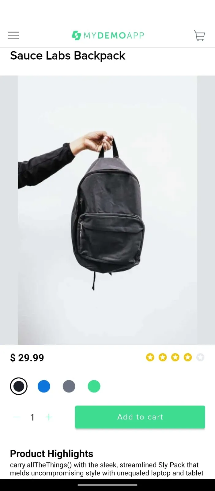 Pantalla de detalle de Sauce Labs Backpack mostrando precio 29.99 cuatro colores cantidad 1 y boton Add to cart