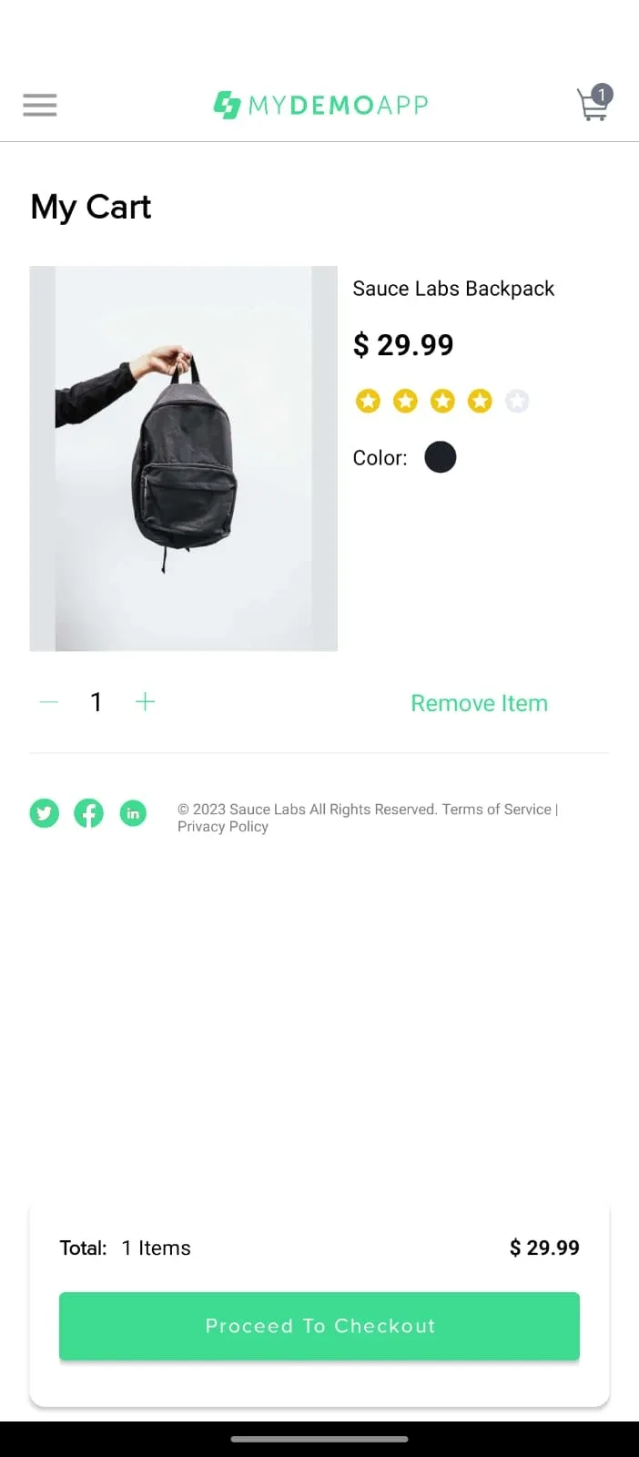 Pantalla My Cart mostrando Sauce Labs Backpack precio 29.99 color negro cantidad 1 Remove Item total 1 Items y Proceed To Checkout