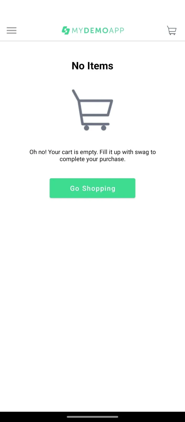Pantalla de carrito vacio con titulo No Items icono de carrito vacio mensaje y boton Go Shopping