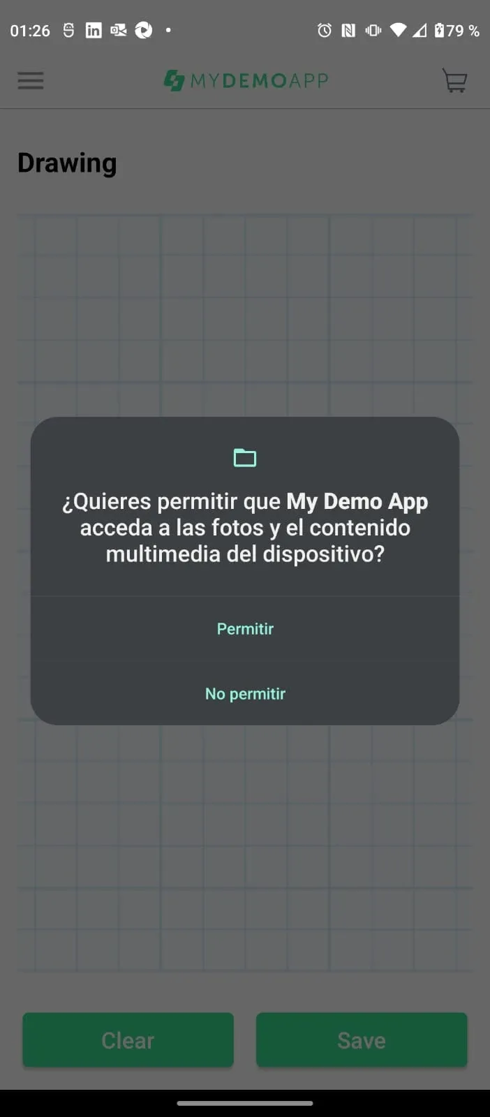 Diálogo de permisos de Android sobre la pantalla Drawing de My Demo App pidiendo acceso a fotos