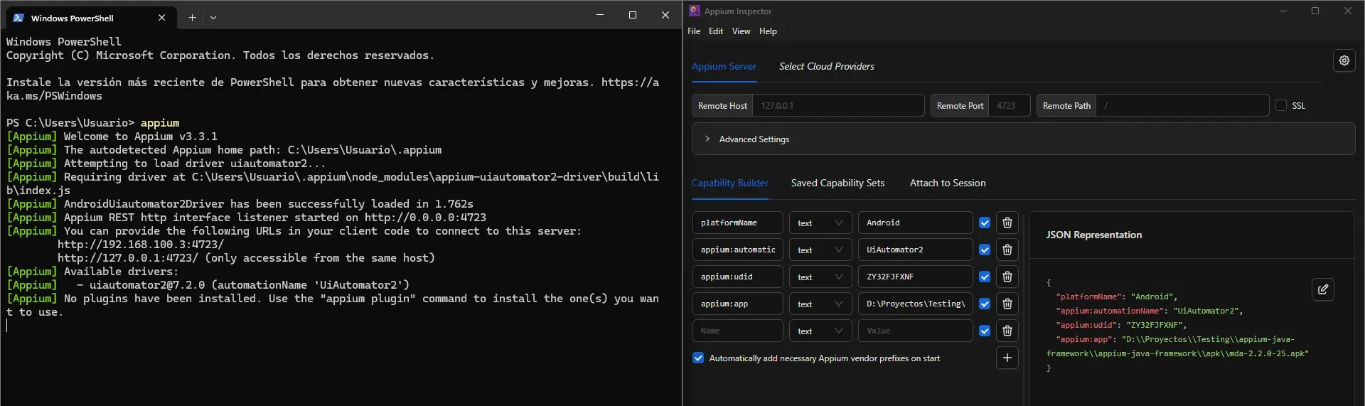 PowerShell con Appium Server v3.3.1 corriendo y Appium Inspector al lado con capabilities cargadas para Motorola G51