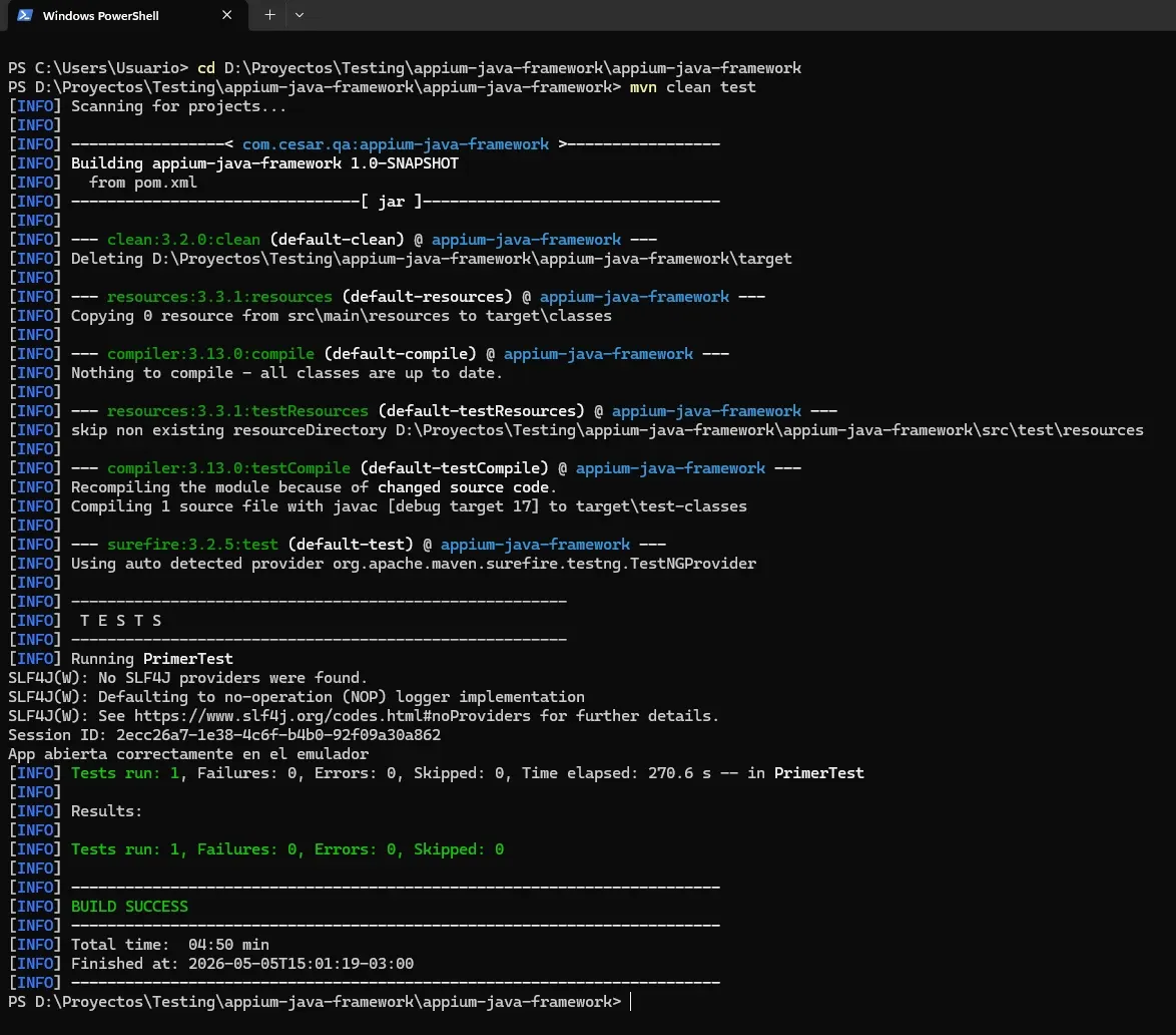 Terminal PowerShell mostrando mvn clean test con Tests run 1 Failures 0 BUILD SUCCESS Total time 4 min 50 s