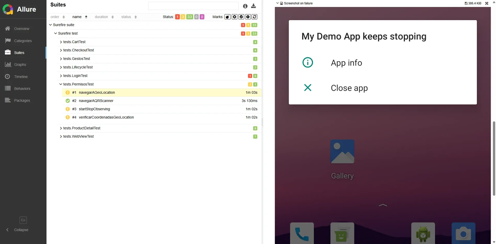Allure Report Suites mostrando PermisosTest con navegarAGeoLocation broken y screenshot My Demo App keeps stopping