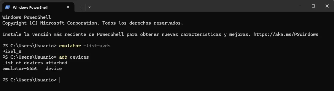 Terminal PowerShell mostrando emulator list-avds con Pixel_8 y adb devices con emulator-5554 device conectado