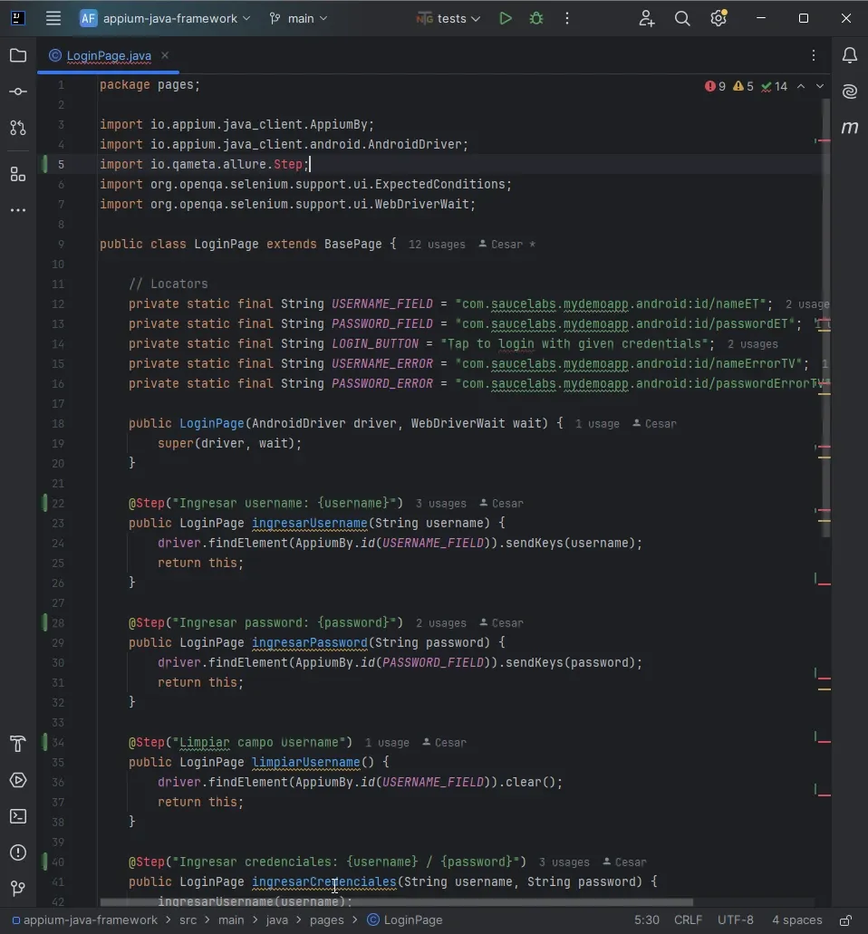 IntelliJ mostrando error Cannot resolve symbol Step en LoginPage línea 22 con popup de error