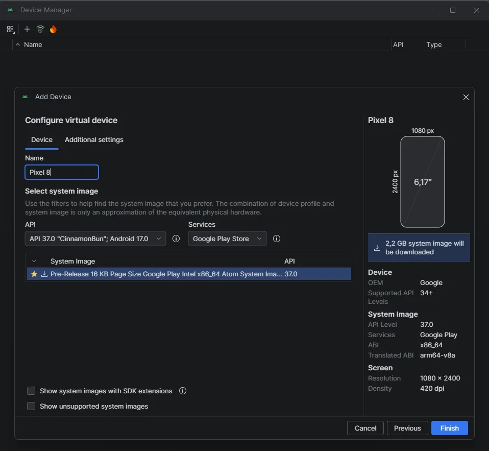 Device Manager mostrando Pixel 8 con system image Pre-Release API 37 Android 17 CinnamonBun seleccionada por defecto