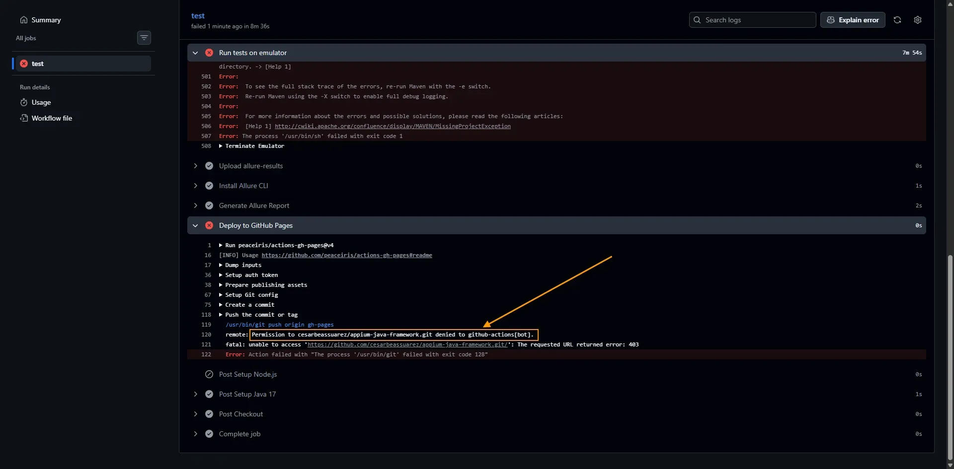 Log de GitHub Actions mostrando Permission denied to github-actions bot al intentar push a gh-pages con error 403