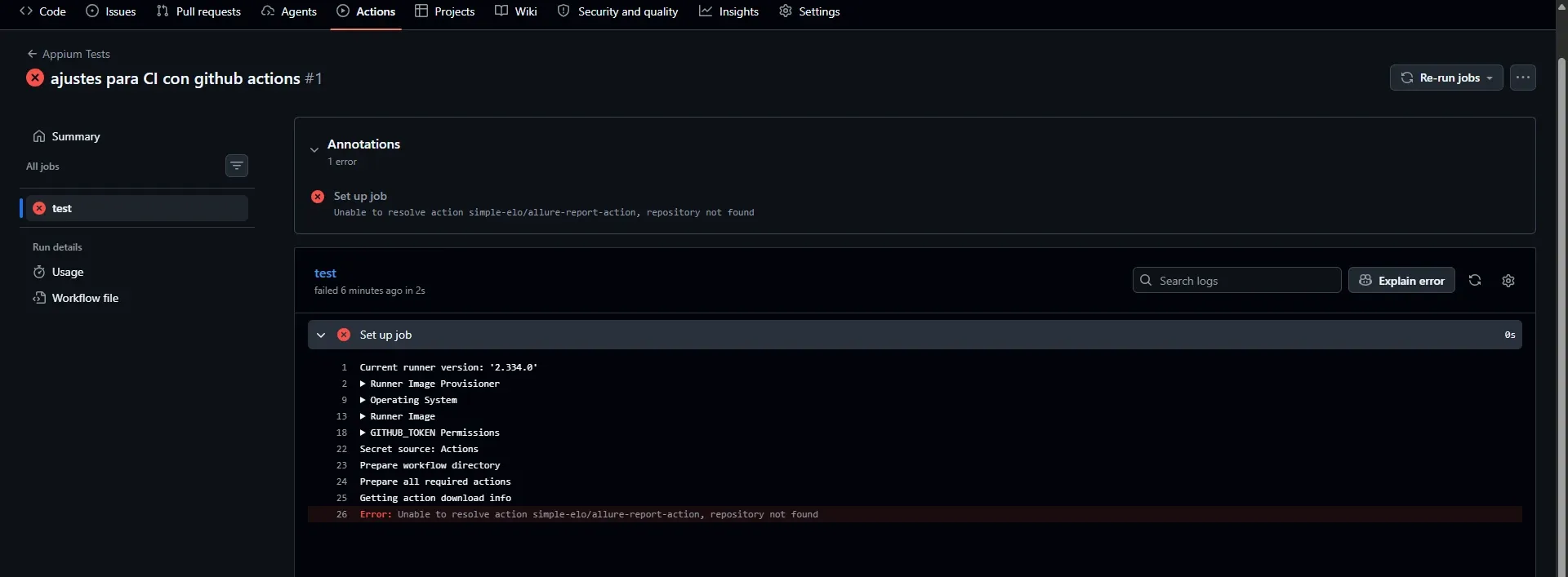 Error en GitHub Actions Set up job mostrando Unable to resolve action simple-elo allure-report-action repository not found