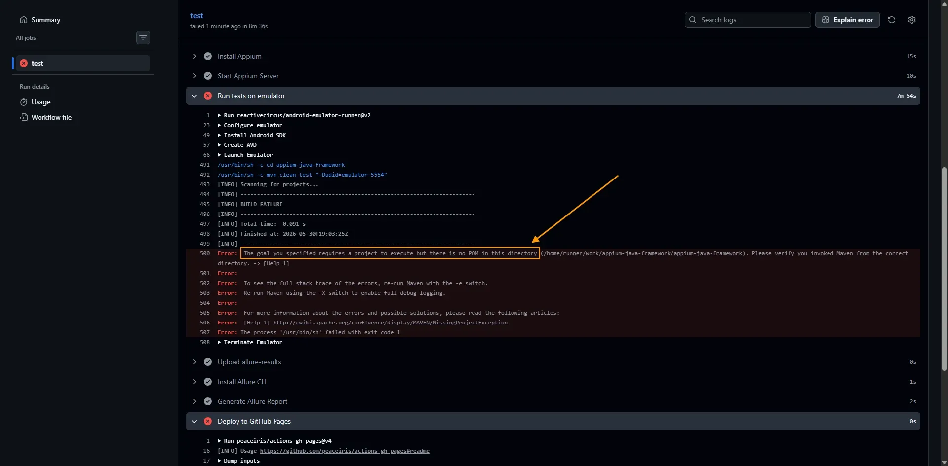 Log de GitHub Actions mostrando cd y mvn en shells separados con error there is no POM in this directory