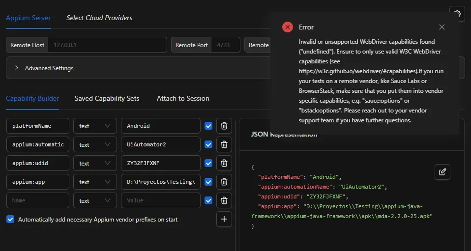 Appium Inspector mostrando error Invalid or unsupported WebDriver capabilities found undefined con fila vacía visible