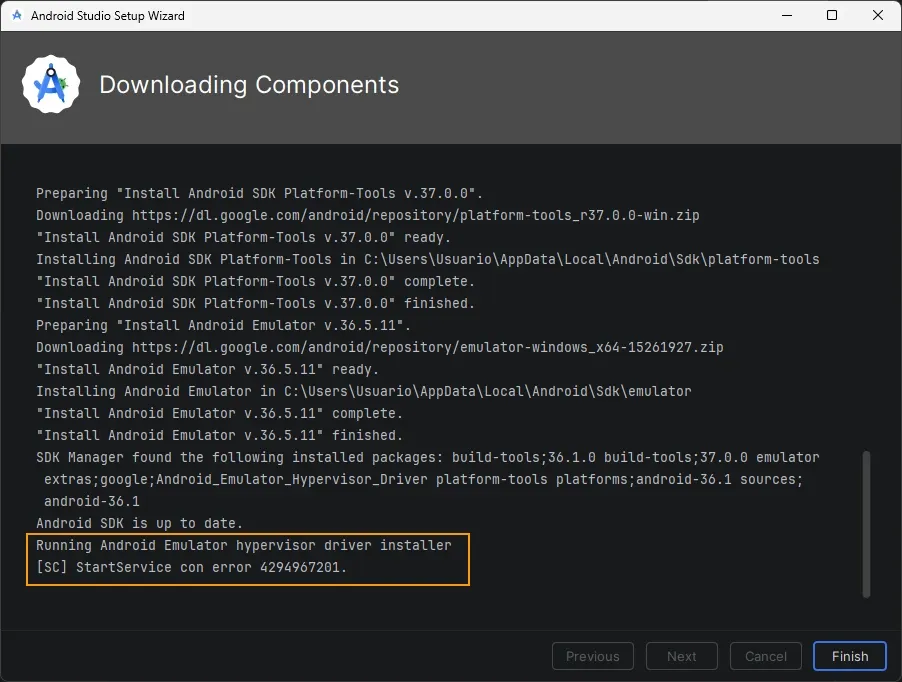 Android Studio Downloading Components mostrando error StartService con error 4294967201 al instalar hypervisor driver