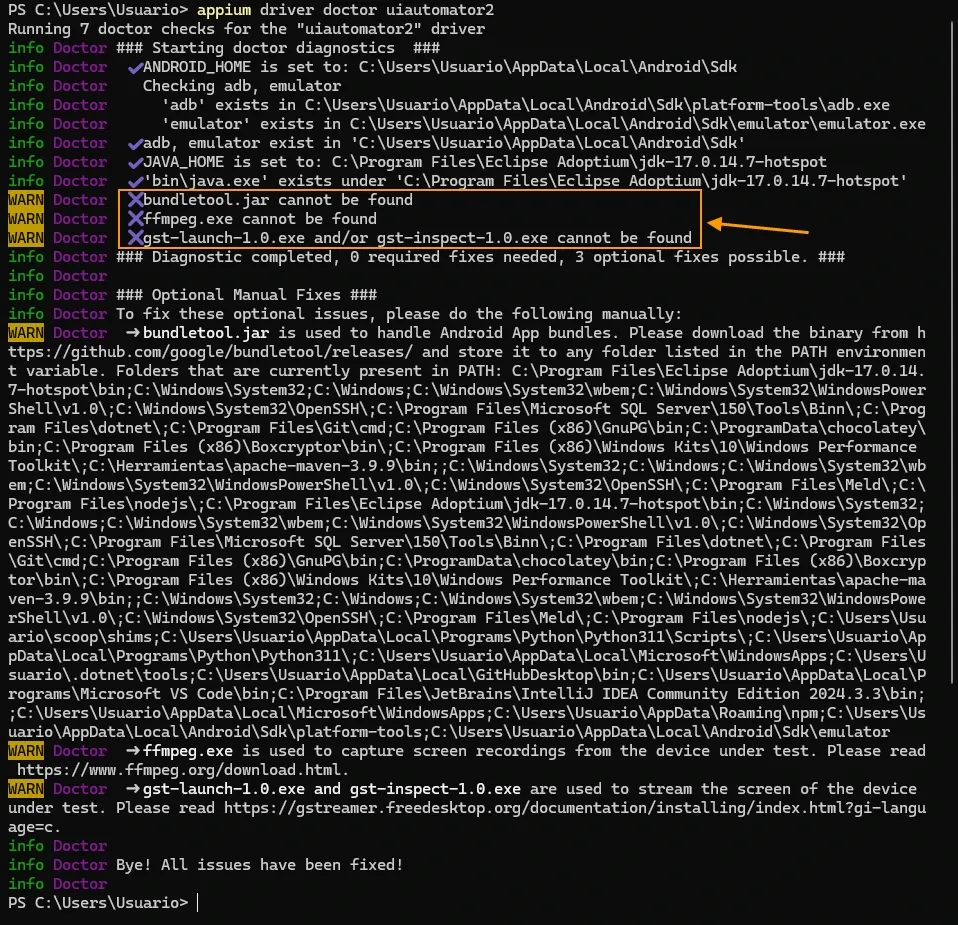 Appium driver doctor mostrando 0 required fixes needed con ANDROID_HOME y JAVA_HOME verificados y 3 warnings opcionales