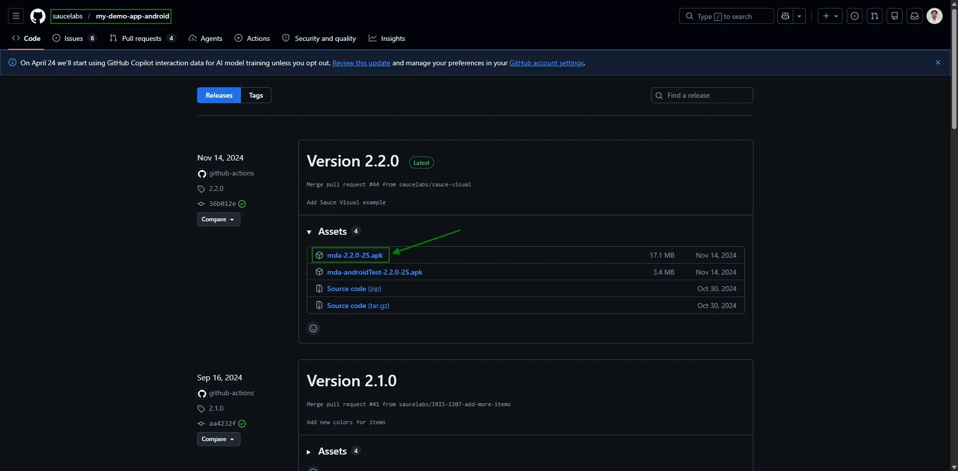 GitHub releases de Sauce Labs My Demo App mostrando mda-2.2.0-25.apk de 17.1 MB versión 2.2.0