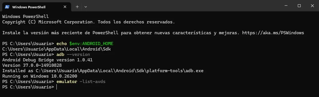 Terminal PowerShell mostrando ANDROID_HOME configurado adb version 37.0.0 y emulator list-avds vacío