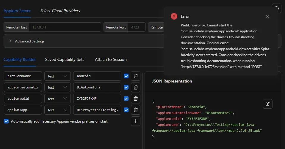 Appium Inspector mostrando error SplashActivity never started después de que la app ya abrió en el Motorola