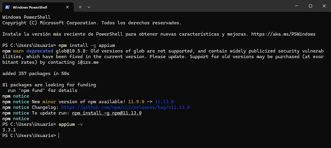 Terminal PowerShell mostrando npm install -g appium con 357 paquetes y appium -v 3.3.1