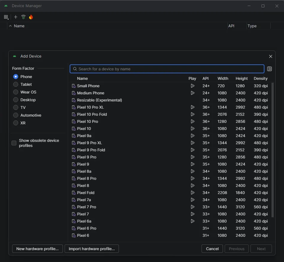 Android Studio Device Manager mostrando lista de dispositivos virtuales disponibles desde Pixel 10 Pro XL hasta Pixel 6