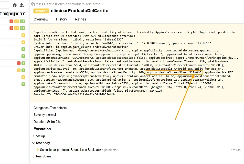 Allure Report mostrando CartTest broken con deviceScreenSize 320x640 resaltado en las capabilities del emulador