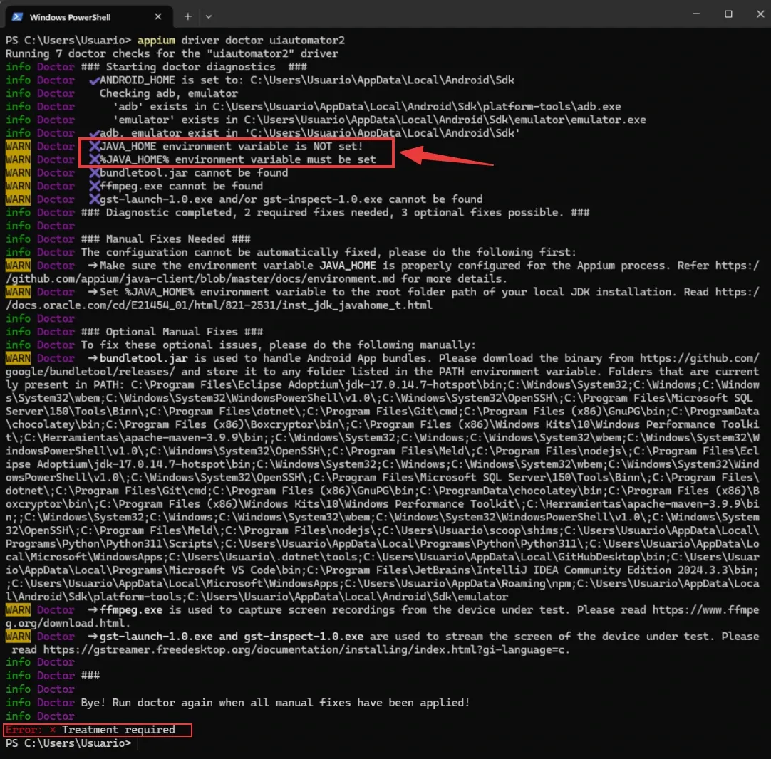 Appium driver doctor mostrando JAVA_HOME environment variable is NOT set con 2 required fixes needed marcados en rojo