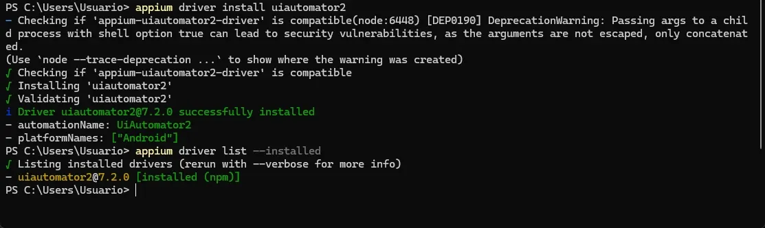 Terminal mostrando appium driver install uiautomator2 versión 7.2.0 instalado y appium driver list confirmando instalación