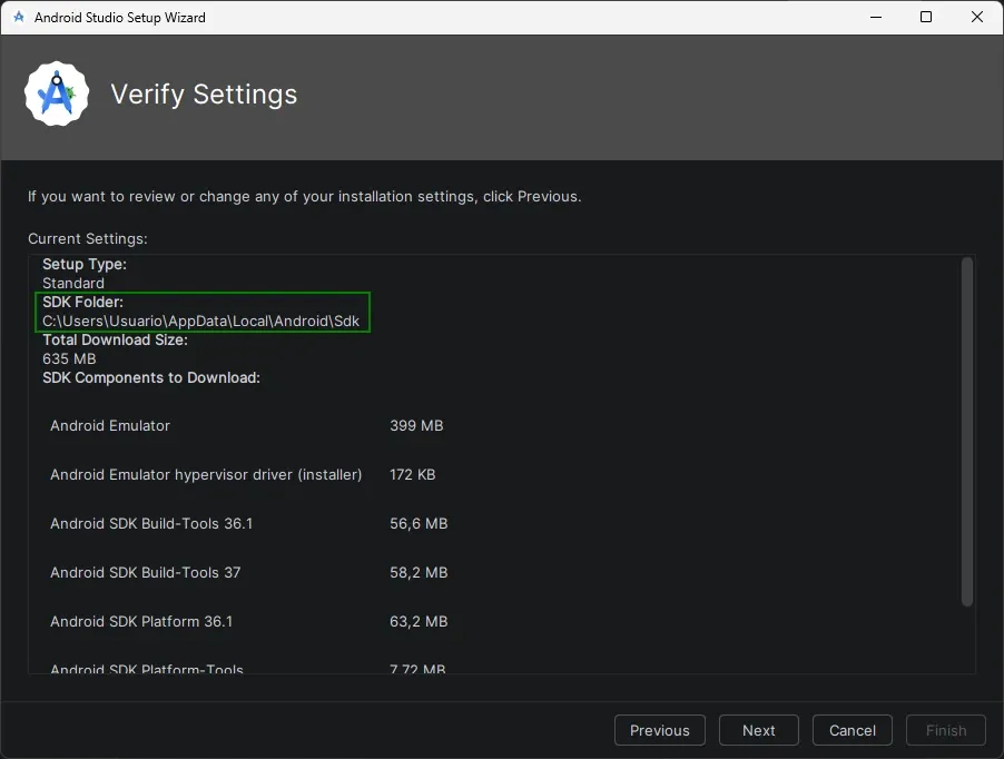 Android Studio Setup Wizard mostrando SDK Folder y componentes a descargar incluyendo Emulator Build-Tools y Platform-Tools