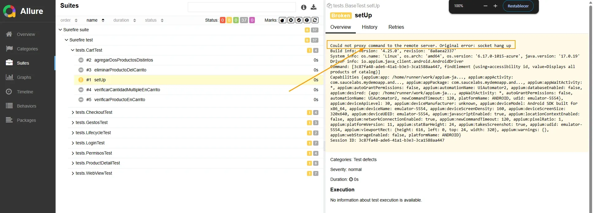 Allure Report Suites mostrando Broken setUp con error Could not proxy command to the remote server socket hang up