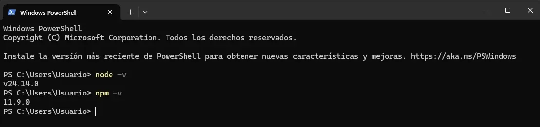 Terminal PowerShell mostrando node -v v24.14.0 y npm -v 11.9.0 instalados correctamente en Windows