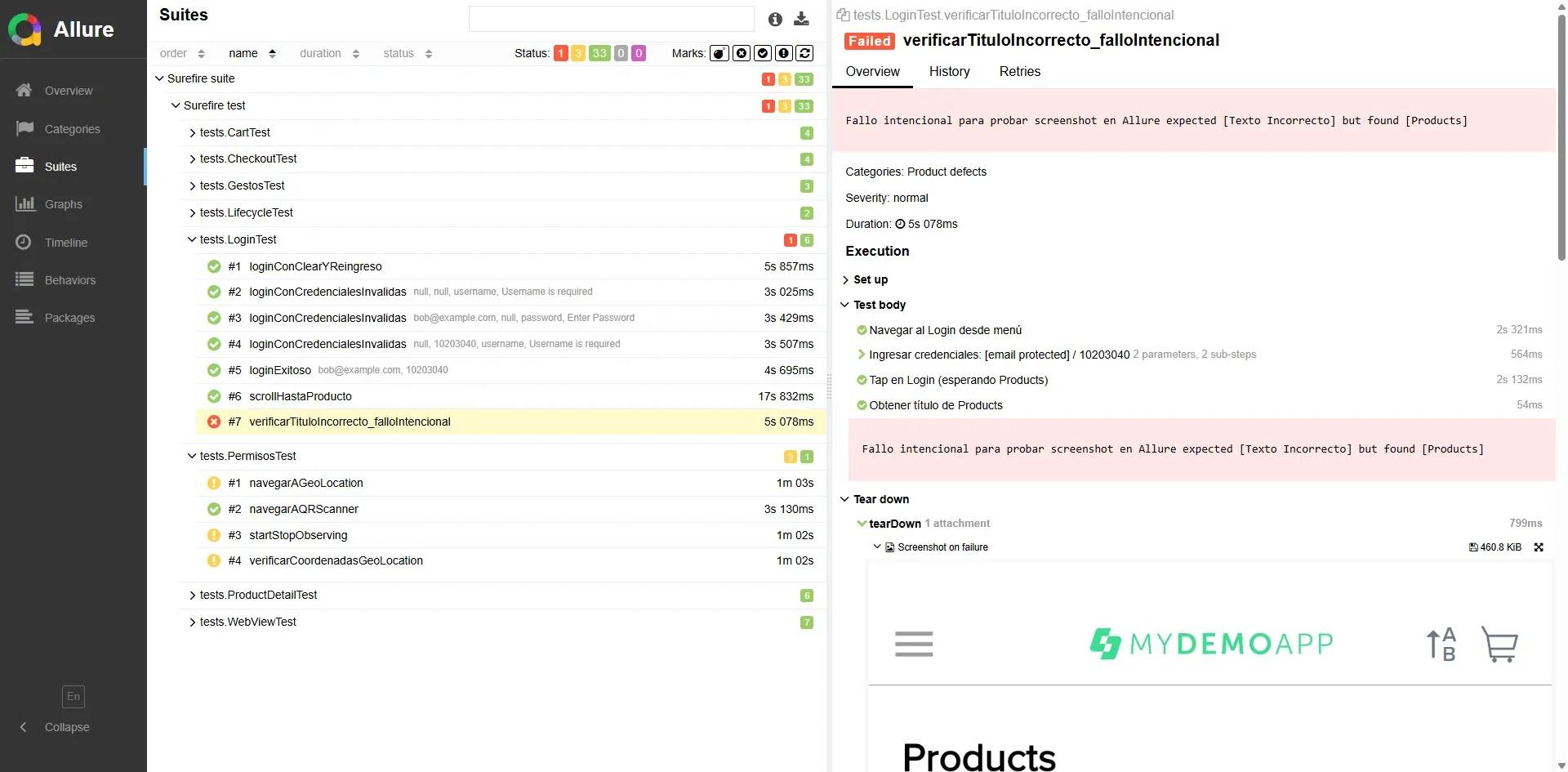 Allure Report Suites mostrando LoginTest con verificarTituloIncorrecto falloIntencional en rojo y screenshot on failure de la app Products