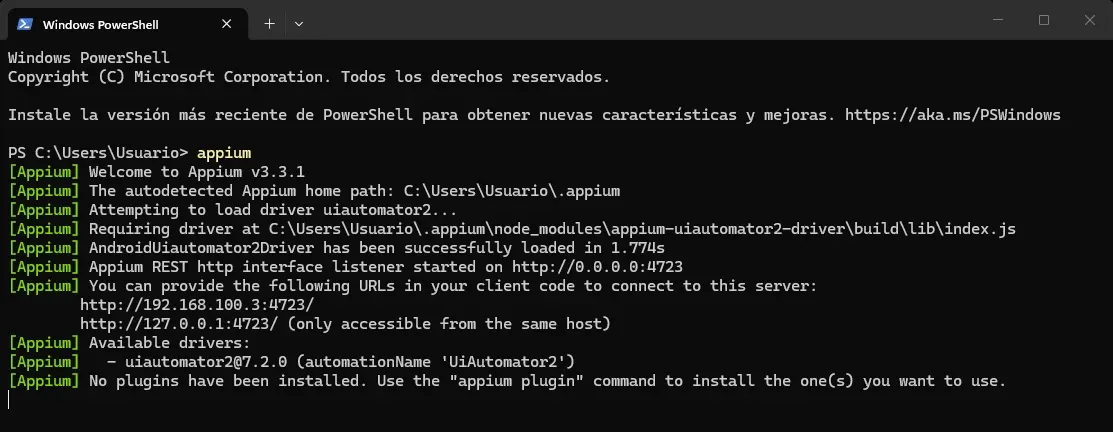 Terminal PowerShell con Appium Server 3.3.1 escuchando en puerto 4723 y UiAutomator2 7.2.0 cargado
