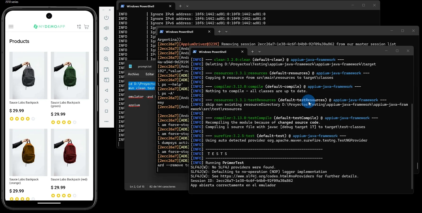 Emulador con Sauce Labs My Demo App Products y tres terminales PowerShell mostrando emulador Appium Server y BUILD SUCCESS